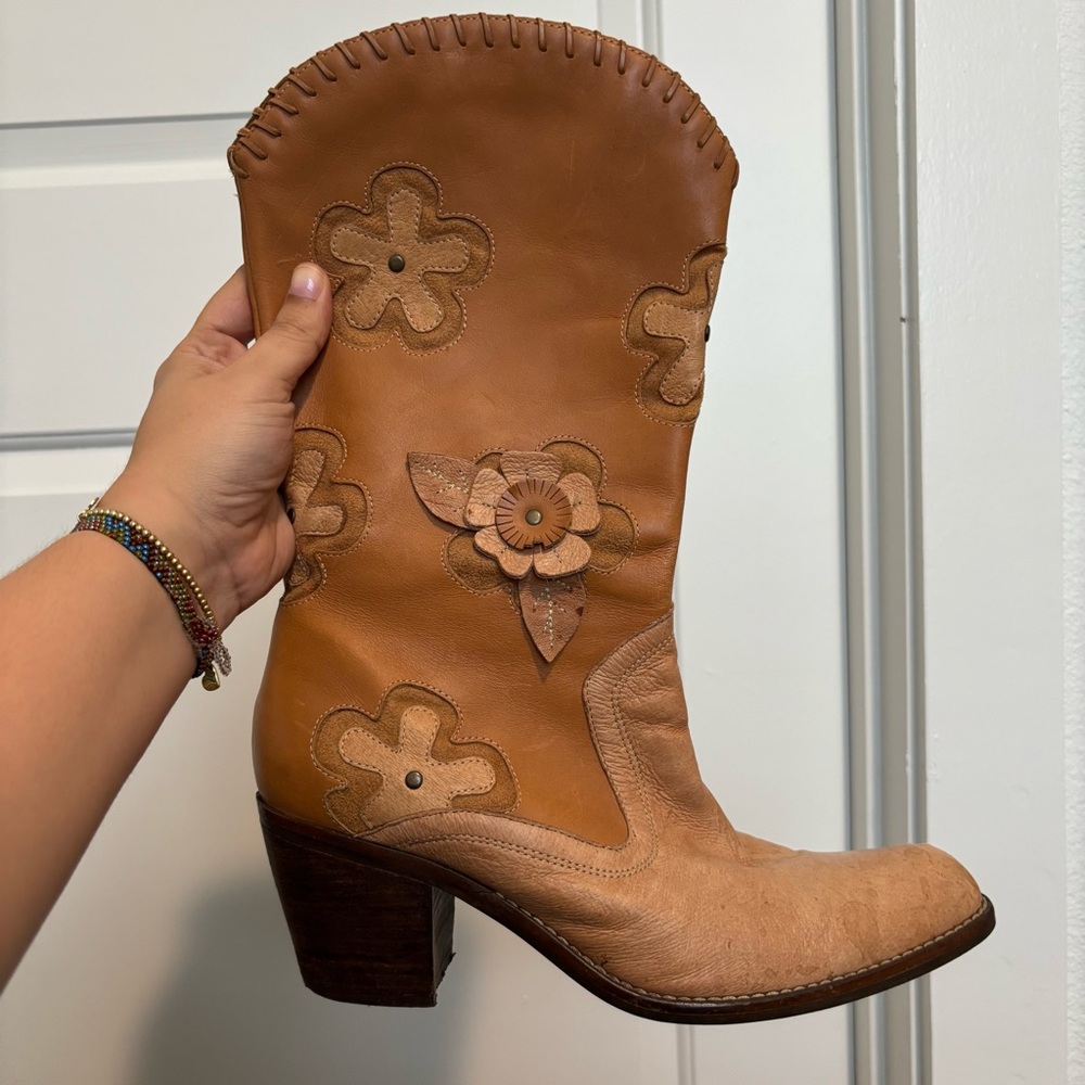 Floral Tan Leather Women's Boots